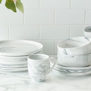 Stone Lain Marble Porcelain Dinnerware Set, 16 Piece Service for 4, Matte Gray